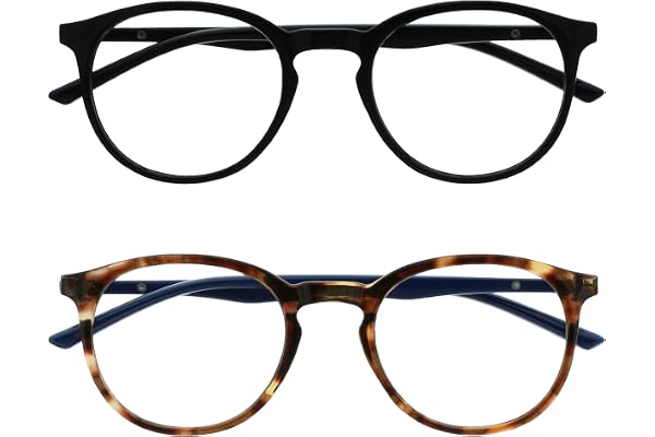 OPULIZE Met Lunettes Anti-Lumière Bleue Pack de 2 Montures Rondes et Mincess Charnières à Ressort Améliore le Sommeil Jeux Ordinateur Noir Marron Hommes Femmes BB60-12 +0.00