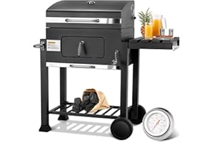 TLSUNNY Barbecue Charbon de Bois XL, Chariot à Barbecue, Grill XL à Charbon avec Couvercle, 2PCS Roues, Thermomètre, Réglable en Hauteur, Grand Barbecue au Charbon de Bois, pour Camping et Jardin, Noir
