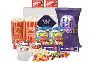 TILZ GEAR Movie Night Hamper |Popcorn, Sweets, Snacks, Hot Chocolate, Snack Box, Movie Night Box |Sweet Popcorn, Chocolates, Skittles, Retro Sweets, Popcorn Bags |Perfect Date Night, Movie Hamper Box |Kids