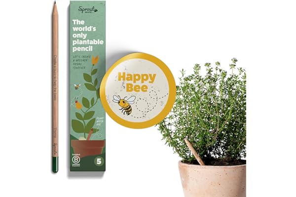 SproutWorld Happy Bee Edition | Crayon en graphite à planter | Capsule de graines d’ Herbes, Légumes & Fleurs pour abeilles, | Bois Eco-Responsable | Cadeau Durable | Citations inspirantes | 5 crayons