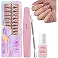 DMQ French Tip Press on Nails, 5 Styles XCOATTIPS Short Almond False Nails, 150Pcs Pre-Designed French Fake Nail Tips with Swirl, Soak Off Acrylic Glue on Nails for Women Easy DIY Nail Art