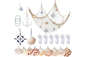 YSDMY Dekoratives Fischernetz 1.5M*2M Nautisches Fischnetz mit Muscheln，Segelboot，Steuerrad，Holzanker，bildaufhänger ，Büroklammern für die nautische Dekorationsparty zu Hause