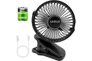 LIHELEI Ventilador USB, Portatil Mini Ventilador, 3 Velocidades Potente Pinza Ventiladores, Silencioso Ventilador con Recargable Batería 2600mAh para Oficina, Hogar, Fitness, Cochecito de Bebé -Negro