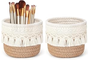 bechoanigel 2 Stück Pinselhalter, Aufbewahrungskorb Geflochten Klein, Boho Schminkpinsel Behälter, Mini Make Up Behälter, Schminktisch Deko, für Organizer Stiften, Bleistiften, Schminkpinseln(Khaki)
