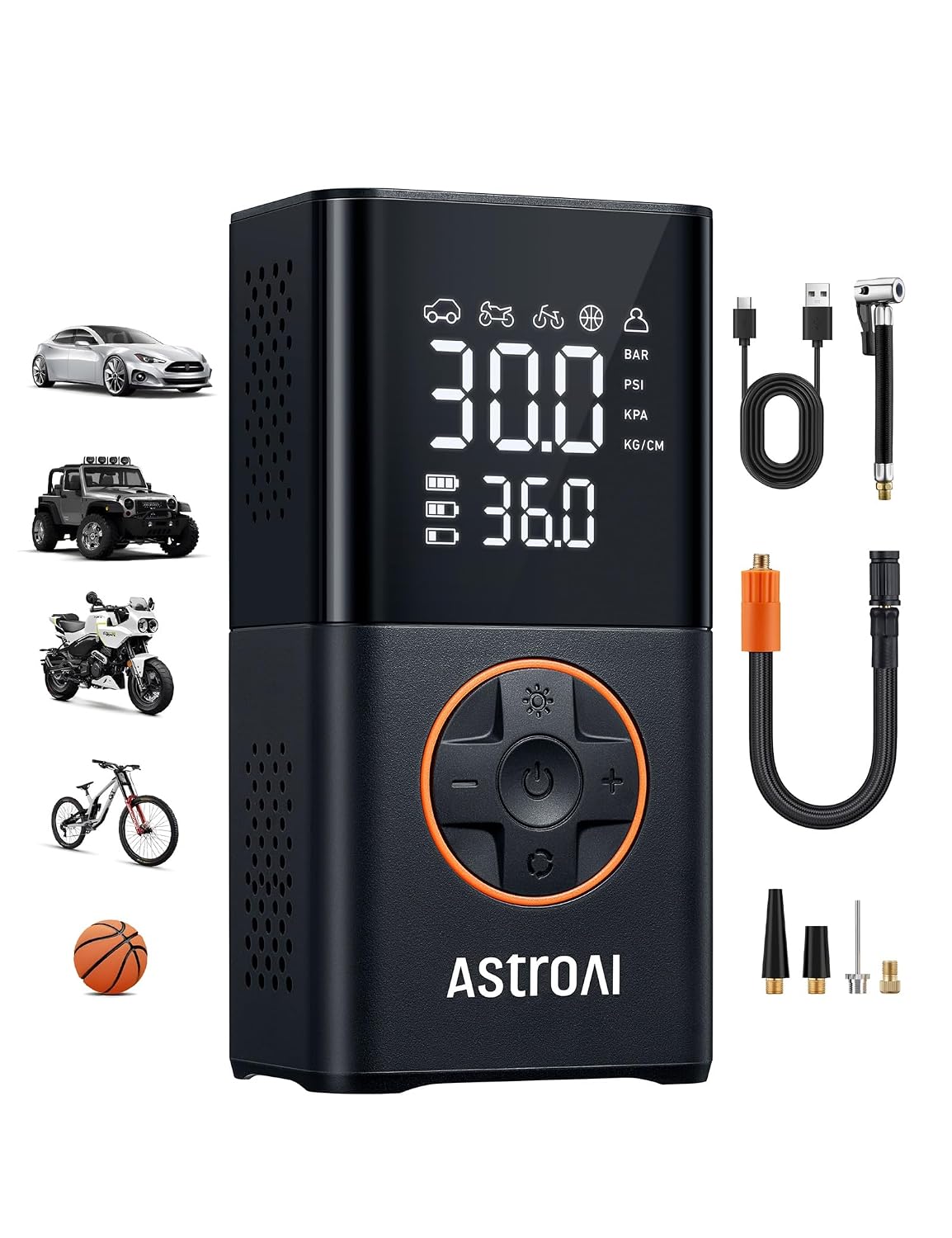 AstroAI L7 Draagbare Luchtcompressor, Elektrische Fietspomp | Autobandenpomp met 4000mAh Oplaadbare Batterij en LED-lampje voor Fietsen, Motorfietsen, Ballen