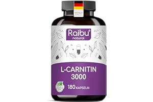 ‎RAIBU L-Carnitin Kapseln Hochdosiert - 180 Vegane Kapseln, 3000 mg L Carnitin Tartrat pro Tagesdosis - Premium Qualität & Laborgeprüft - Reine, Stabilste Form für Optimale Aufnahme
