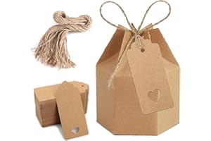 Csirnto Scatole Bomboniere Regalo, 50 Pezzi Scatole Carta Esagonale, Scatole Regalo, Kraft Scatole Regalo con Etichette e Spago Iuta, per Matrimonio Compleanno Festa