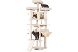 Hey-brother Árbol Grande para Gatos, Árbol para Gatos de 180 cm de Altura, con Cuerda de Sisal,Tabla Arañadora 2 - en - 1,Cesta para Gatos,3 Plataformas y 2 Cuevas para Gatos, Blanco Beige 0EMPJ034M