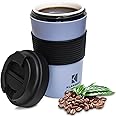 Klaraber Ceramic Travel Mug with Lid, Portable Ceramic Cup with Sleeve, Leakproof Ceramic Lined Coffee Cup Travel Mug, Reusable Coffee Cup, 350ml / 12oz(Blue)