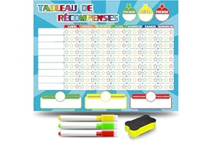 MARKETIFAR Tableau Recompense Enfant - 3 Feutres et Brosse Inclus - Tableau Magnétique de Motivation pour Bon Comportement avec Taches en Français - Garçon et Fille