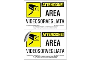 EVM 2 Cartelli Videosorveglianza Adesivi Area Videosorvegliata in PVC Morbido impermeabile (2-20x15 cm)