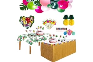 HBell 129 Piece Hawaiian Tropical Party Decoration Set with Luau Table Skirt, Hawaiian Flowers Decorate Balloons, 3D Paper Straws, Beach, Summer Party