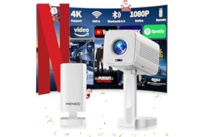 MENIOO [App intégrée] Vidéoprojecteur 2026 avec Supporte 4K 1080P Projecteur Video Auto Focus & Keystone Correction 180° Rotation avec WiFi 6 et Bluetooth 5.4 Mini projecteur, avec HDMI/TV Stick/USB/ -Blanc