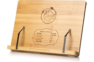KEXMY Cookbook Stand By Chef’s Dream – Engraved Bamboo Book Holder With Adjustable 6 Height Positions Backing – Recipe Book Holder For Kitchen With 2 Metal Page Holders – Sturdy, Durable & Foldable Bookrest