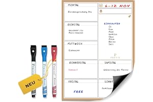 Previs Wochenplaner Abwischbar mit 3 Löschbaren Stiften - Magnettafel Küche - Wochenplaner Magnetisch - Magnettafel Kühlschrank - Whiteboard Wochenplaner - 100% Anpassbar