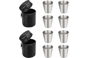 Ksvaye 8 Piezas Vasos de Chupito de Acero Inoxidable, 70ml Vaso Cerveza Metal Apilables con Funda de Cuero Vasos Camping Portátil para Senderismo, Picnic, Camping, Viajes