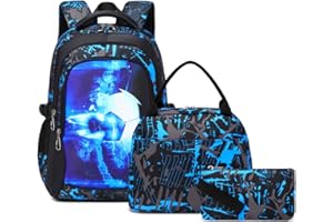SOMBLG Mochila Chico Escolar Conjunto Niños de Libros Elemental Medio Adolescente Gran Impermeable Bolso de Almuerzo 18 Pulgadas 3 Pcs Boys Bolso