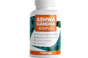 ‎PROFUEL Ashwagandha Kapseln hochdosiert 120x - 600 mg Ashwagandha KSM-66® pro Tag - Komplex mit Ashwagandha-Wurzelextrakt, Magnesium, Zink, Vitamin B6 und Piperin - laborgeprüft mit Zertifikat - 100% vegan