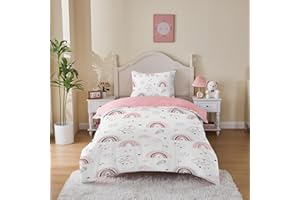 MUSOLEI Rainbow Bedding Set Single, White and Pink Lovely Kids Duvet Cover Sets for Boys Girls, Colorful Microfibre Quilt Cover 135X200cm with Pillowcase 50x75cm