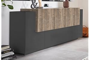 Dmora - Credenza Gennaro, Madia da cucina a 7 ante, Buffet da soggiorno, Madia da cucina, 100% Made in Italy, cm 200x45h86, Antracite e Acero