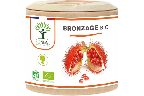 Autobronzant Naturel - Bioptimal - Complément Alimentaire - Activateur Accélérateur de Bronzage de la Peau- 100% Poudre Urucum Bio - Gélule Vegan - Fabriqué en France - Certifié Ecocert - 60 gélules