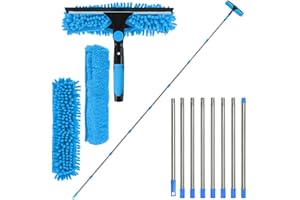 MLOQI Limpiacristales con Mango Extensible(326cm), Limpiador de Ventanas con Escobilla de Silicona & Paños de Microfibra, Kit Limpiacristales Profesional (Azul)
