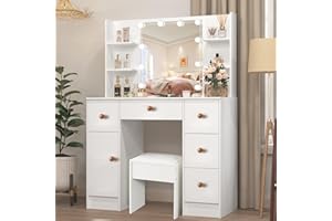 Buildonely Large Dressing Table with LED Lights and Mirror, Adjustable Brightness, Vanity Makeup Desk with 4 Shelves, 5 Drawers, 1 Stool for Bedroom, Modern, White, SD3183U625