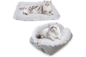 BSITSSS Lit pour Chat Chien 61 x 51cm, 2 en 1 Couverture Chat, Confortable Pliable Gris Coussin Panier Chaton Cat Bed pour Chatons Chiots Petits Animaux Interieur Extérieu