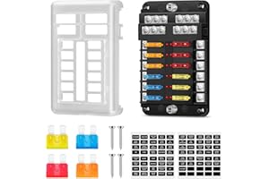PAKINUI 12 Vías Portafusibles Caja Fusibles 12v, Porta Fusibles Coche 12v con Lámpara de Alerta LED, Cuadro fusibles Plano con 24 Piezas de fusibles, para el Vehículo Marino Van SUV Bota Camión Automático