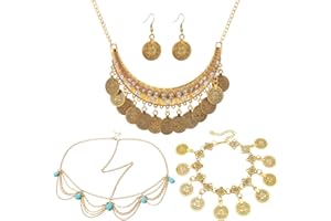 IUDWCG - 4 Pcs Conjuntos de bisutería bohemia, cadenas de oro para la cabeza, collares, pulseras, pendientes, bisutería, cadenas de borlas, fiestas de graduación, bodas de señoras y niñas