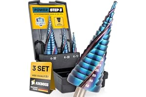 AMBOSS WERKZEUGE Lot de 3 forets étagés Ø 4-12 + 4-20 + 4-32 mm - Foret conique professionnel HSS-E Co 5 % / enclume PowerStep 3 TiAlSiN Blue Nano Guard / pour acier, inox, acier inoxydable, aluminium, plastique
