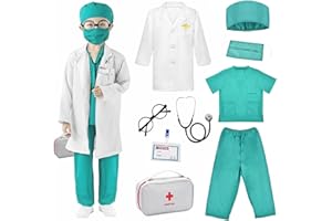 Znnhnn 9 Bata Medico Niño Set Disfraz Medico Niño Maletin Medicos Juguete Disfraces Accesorios para Carnaval Halloween Cosplay Fiesta Regalos para Niños Niñas de 5 a 6 Años (Azul)