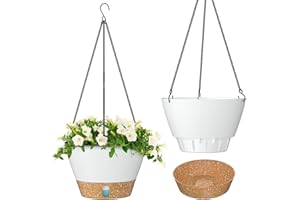 ZMTECH 20cm Hanging Plant Pots 8 Inches Hanging Planters with Saucer Drainage Holes Visible Water Level Hanging Pots for Indoor Outdoor Plants (Set of 2, White)