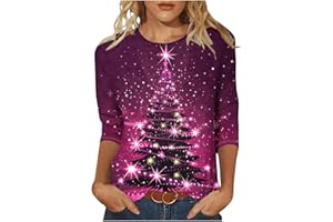 Ewleguzka Womens Christmas Tops 3/4 Sleeve, Ladies Xmas Tops Christmas Tree Red Wine Glass Graphic Printed Round Neck Loose Tunic Tshirts Holiday Clothes