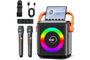 KASOHQEE Karaoke Machine for Adults with 2 Wireless Microphones, Portable Bass/Treble Bluetooth Speaker with PA System, Remote Control LED Lights, Support TF Card/USB, AUX in, FM, REC