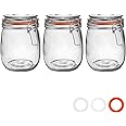 Argon Tableware Glass Jars with Airtight Metal Clip Lid - 750ml/26.4oz - 3 Pack - 4 Colour Seals - Medium Kitchen Storage Container Round Preserving Jar for Pickling, Chutney, Jam, Coffee