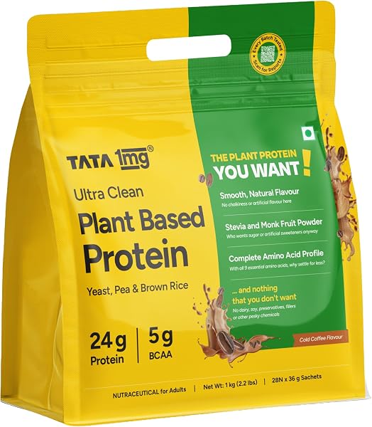Tata 1mg Ultra Clean Plant Based Protein Powder Coffee Flavour | 24g Protein | Smooth & Creamy Vegan Protein | No Chalkiness | No Added Sugar | Complete Amino A