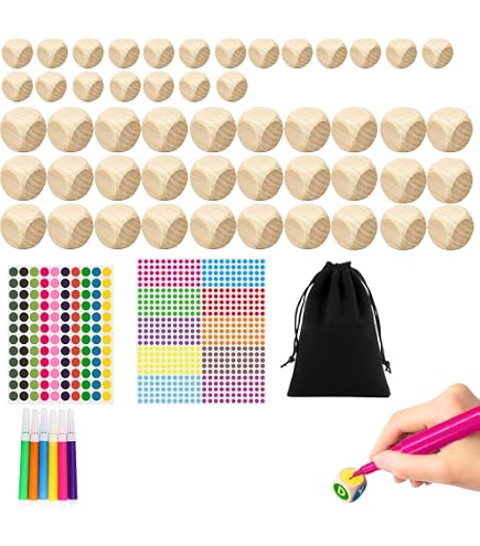 Annickee 50 Dés Vierges En Bois Personnalisables 20 Mm & 12 Mm - Kit Complet DIY Avec Sac, Peinture Et Autocollants - Idéal Bricolage & Jeux