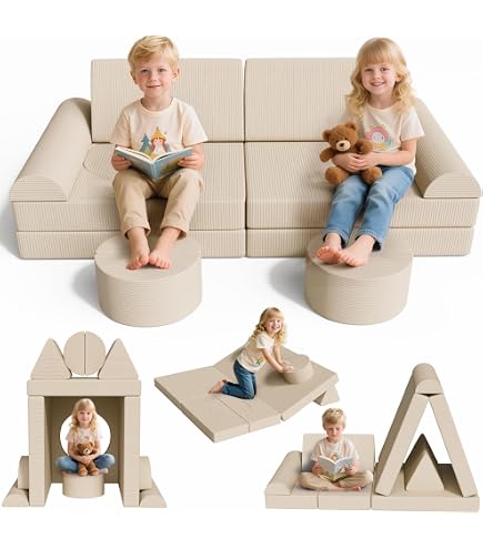 BEJOY Canapé De Jeu Modulaire 11 Pièces Pour Enfants – Mousse Haute Densité, Convertible En Voiture, Tente