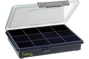 raaco Assorter 6-12: Sortierbox für Werkstatt, 12 feste Fächer für Kleinteile, Sichere Aufbewahrung durch Schiebeschloss, Tragbar, 14.3 x 17.5 x 3.2 cm, Leicht & Robust.