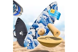 ‎NINJABALANCE Ninja Balance Board + Korkrolle, Ball, Tasche – Gleichgewichtstrainer für Kinder & Erwachsene 100% Holz in Rocker shape - Indoor Surfing Board Fitness | Trickboard für Core Training + APP