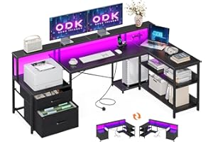 ODK Corner Desk with Drawers, 172×100 cm L Shaped Gaming Desk with LED Lights & Power Outlets, Reversible Computer Desks with Storages, Black