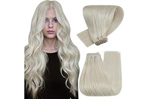 Hetto 22Inch Weft Hair Extensions Real Human Hair Sew in Blonde Hair Extensions Remy Human Hair Weft Hair Extensions Platinum Blonde Straight Invisible #60 100g