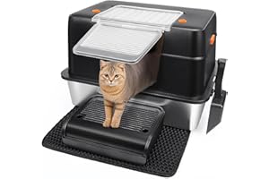 Vivifying Stainless Steel Cat Litter Tray, High-Sided, Removable and Metal Enclosed Stainless Steel Cat Litter Box with Lid with Scoop, Steps and Mat (Black)