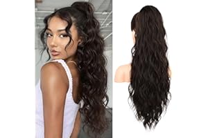 REECHO Ponytail Extension, 66 cm Long Beach Gewellt Zugband Pferdeschwanz Haarverlängerung Synthetischer Pferdeschwanz Haarteil für Frauen – Schwarzbraun