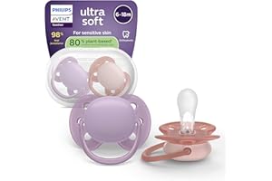 Philips Avent Sucettes ultra-douces - Tétines orthodontiques, pour bébés de 6 à 18 mois, collerette souple, en silicone d'origine végétale, sans BPA, avec étui de stérilisation, lot de 2, SCF091/43