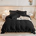 Ruffle Frills Bedding Set Black Duvet Cover Set,Soft Microfiber,Zipper Closure and 2 Pillowcases,King 220x230 cm