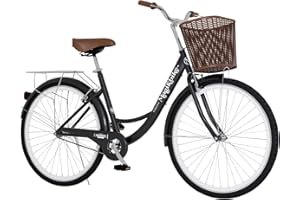MagikBike Bicicletta da città modello Olanda, unisex, misura 26 pollici, con cestino e portapacchi, stile vintage retrò colore nero