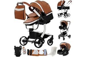 Magic ZC PU Leather 3 in 1 Pushchair Pram Travel System, Baby Stroller 3 in 1 with Reversible Two Pushing Modes, Newborn Infant Carriage One-Click Folding, Toddler Buggy Aluminum Frame (Khaki 518)