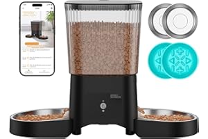 HONEYGUARIDAN Distributeur Croguettes Chat Automatique Double, HONEYGUARDIAN 5G/2.4G WiFi Gamelle Chat Automatique 4 Bols(Bol INOX +Bol Lente), Distributeur Croquettes Chats/Chien, Opération Facile & Contrôle APP